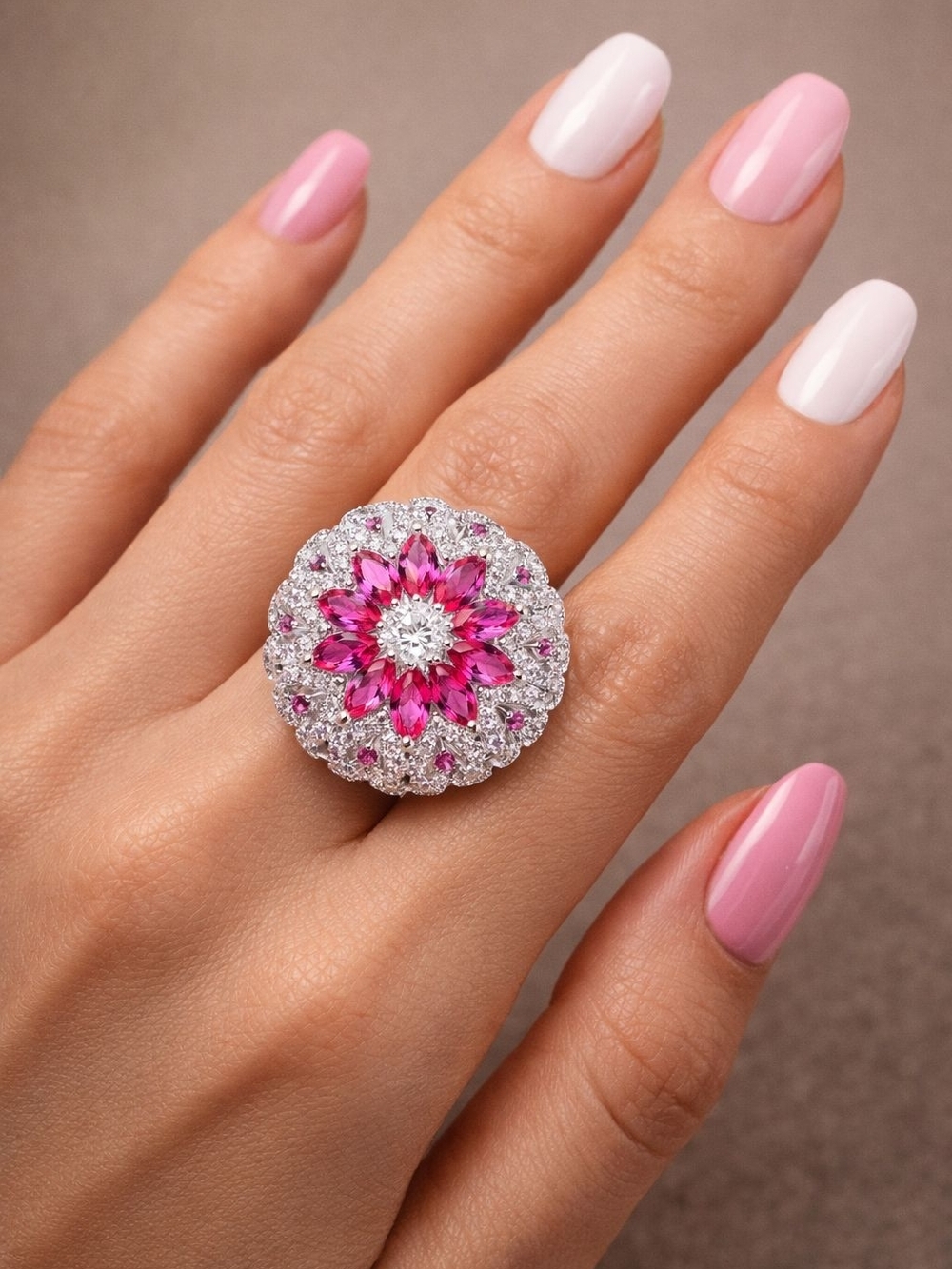 Luxury high end Floral Pink Cluster Halo Ring with Sparkling White Accents